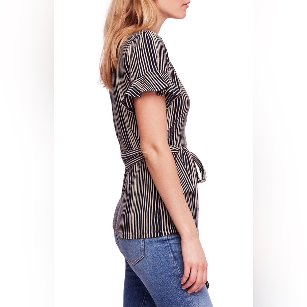 Free People Wrapped Around My Finger Wrap Blouse, Black Beige Striped , XS - Picture 3 of 10